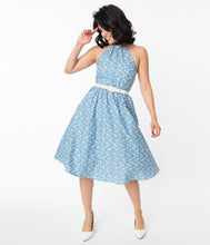 Load image into Gallery viewer, Chambray and White Floral Eyelet Lombard Swing Dress