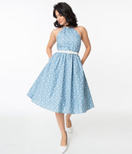 Load image into Gallery viewer, Chambray and White Floral Eyelet Lombard Swing Dress