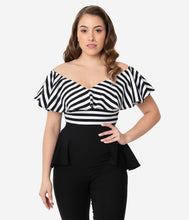 Load image into Gallery viewer, Black & White Off Shoulder Ruffle Frenchie Top