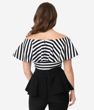 Load image into Gallery viewer, Black & White Off Shoulder Ruffle Frenchie Top