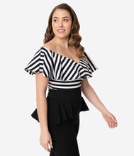 Load image into Gallery viewer, Black & White Off Shoulder Ruffle Frenchie Top