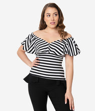 Load image into Gallery viewer, Black & White Off Shoulder Ruffle Frenchie Top
