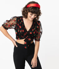 Load image into Gallery viewer, Strawberry Roller Queen Glittery Crop Blouse