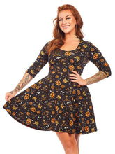 Load image into Gallery viewer, Classic Halloween Print 3/4 Sleeve Skater Dress