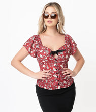 Load image into Gallery viewer, Burgundy and Ivory Floral Print Charlemagne Blouse