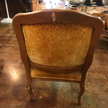 Load image into Gallery viewer, Vintage Tan Wood Arm Chair with Gold Velvet Cushions