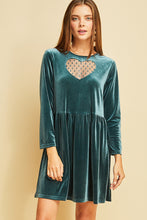 Load image into Gallery viewer, Emerald Velvet Babydoll Dress with Sheer Heart Window
