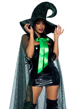 Load image into Gallery viewer, Green Glitter Moon Cape and Witch Hat Costume Set