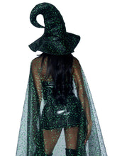 Load image into Gallery viewer, Green Glitter Moon Cape and Witch Hat Costume Set