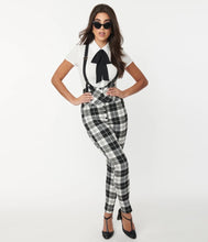 Load image into Gallery viewer, Black and White Plaid Moorehead Skinny Suspender Pants
