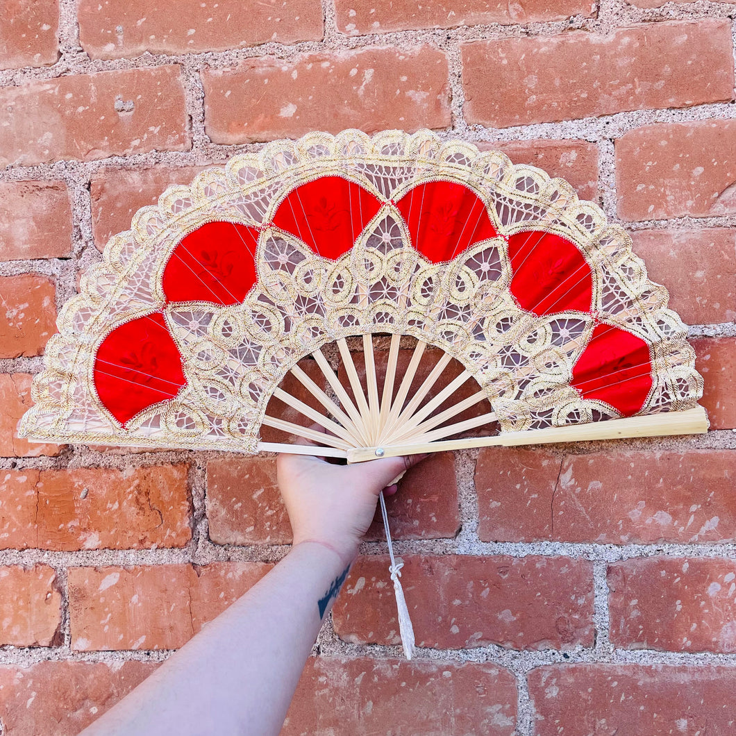Gold and Red Battenberg Lace Large Cotton Fan