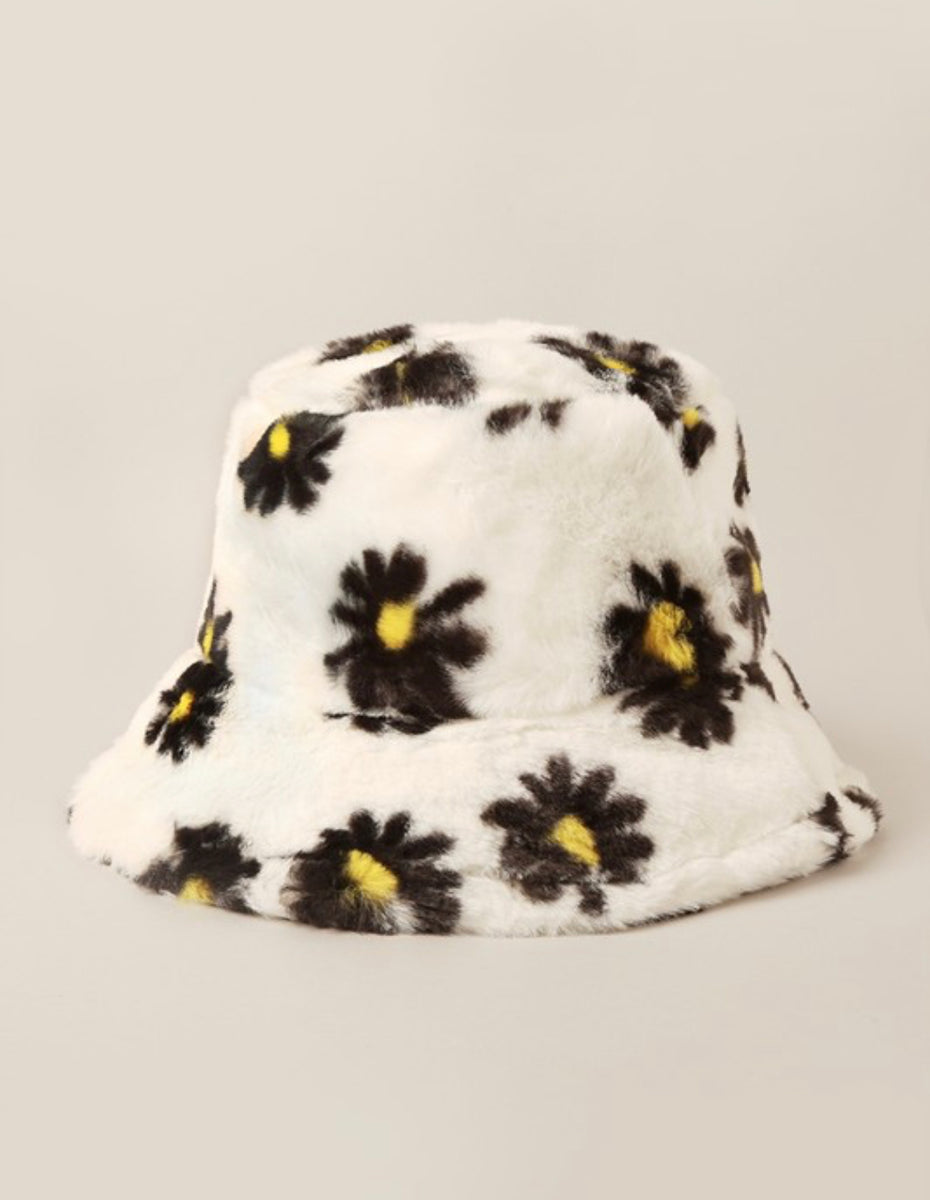 White Fuzzy Daisy Bucket Hat Pink House Boutique
