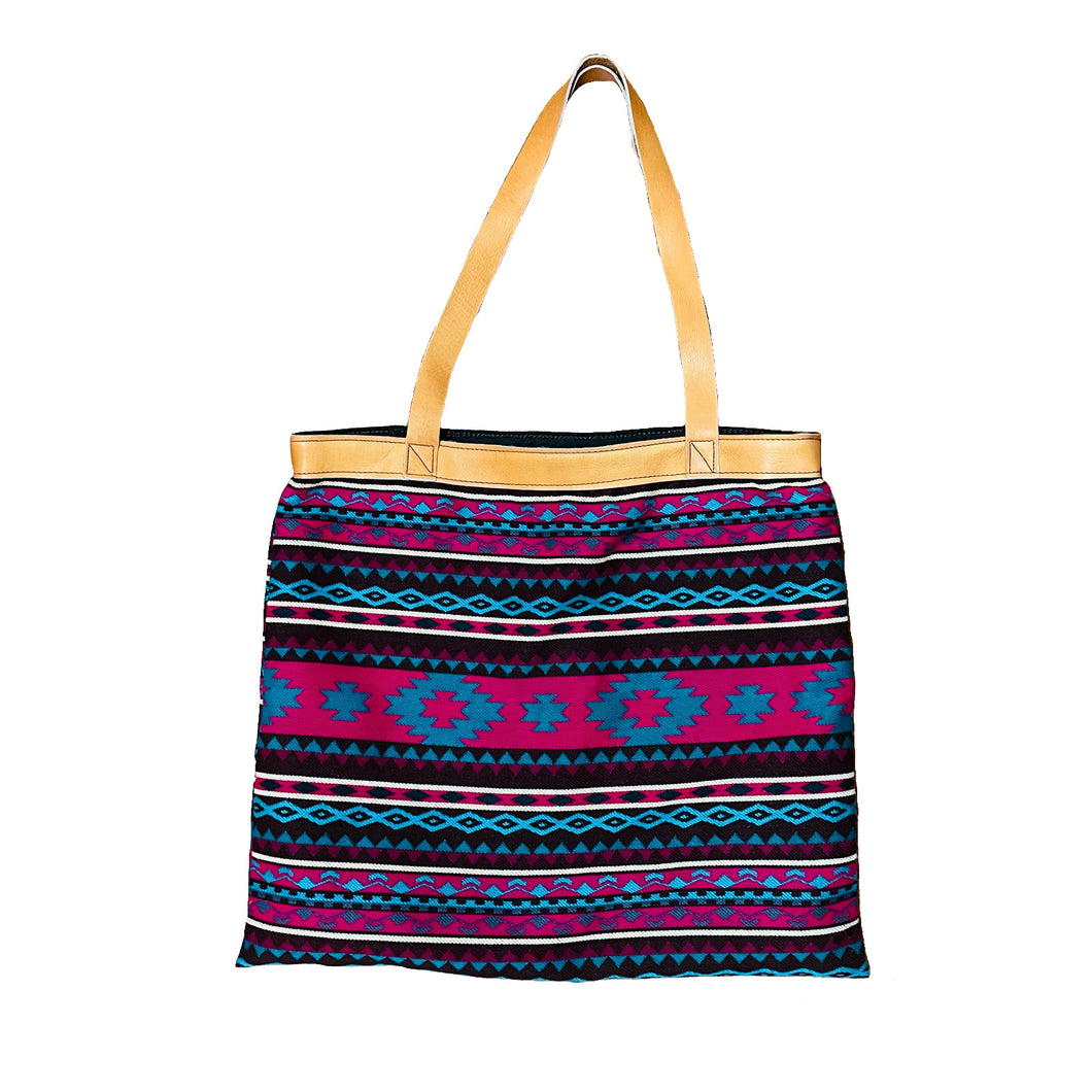 Pink, Teal, and Purple Striped Woven XL Tote Bag