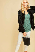 Load image into Gallery viewer, Black Velvet Zip Jacket with Floral Sleeve Windows