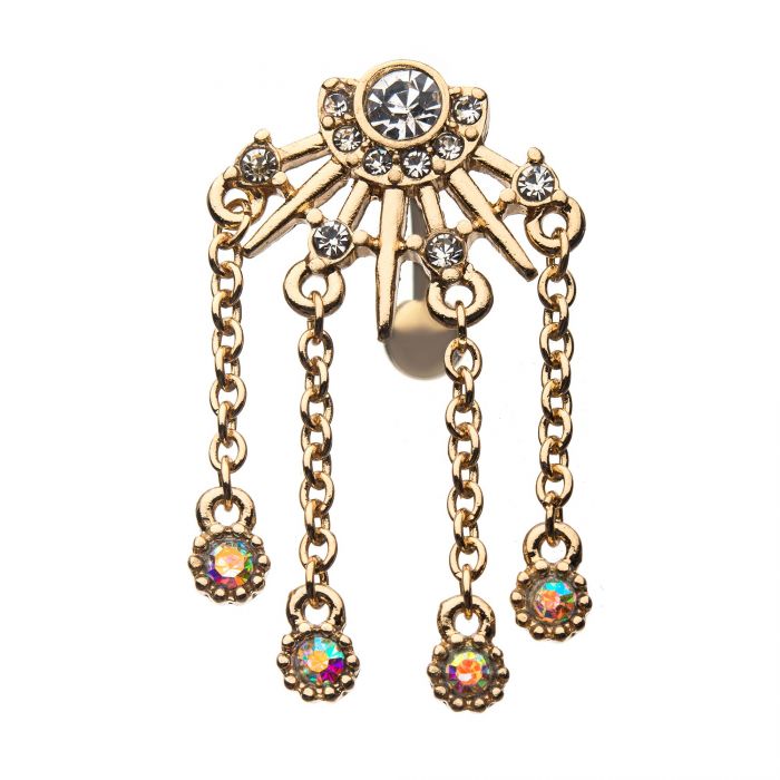 Top Down Gold Spikes and Gems with Dangling Chains Belly Ring