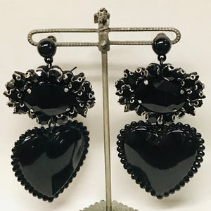 Black Heart and Rhinestone Statement Earrings