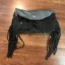 Load image into Gallery viewer, Black Mini Leather Fringe Flip Top Purse