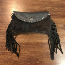 Load image into Gallery viewer, Black Mini Leather Fringe Flip Top Purse
