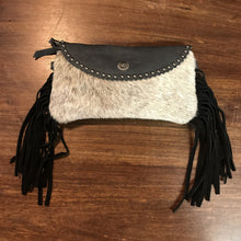 Load image into Gallery viewer, Black Mini Leather Fringe Flip Top Purse