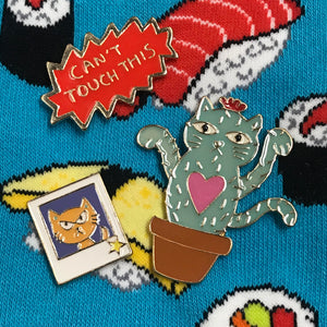 Cat Polaroid, Cactus Cat, and "Can't Touch This" Enamel Pins