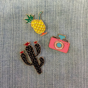 Pineapple Drink, Camera, and Black Cactus Enamel Pins