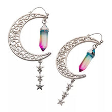 Load image into Gallery viewer, Filigree Crescent Moon with Oil Slick Crystal &amp; Triple Star Dangle Plug Hoops
