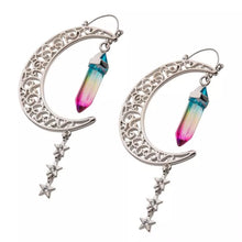 Load image into Gallery viewer, Filigree Crescent Moon with Oil Slick Crystal & Triple Star Dangle Plug Hoops