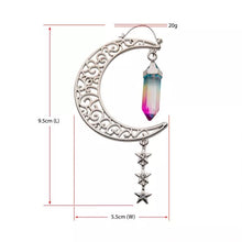 Load image into Gallery viewer, Filigree Crescent Moon with Oil Slick Crystal & Triple Star Dangle Plug Hoops