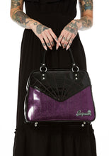 Load image into Gallery viewer, Webbed Sparkle Bowler Purse- Black and Purple