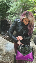 Load image into Gallery viewer, Webbed Sparkle Bowler Purse- Black and Purple