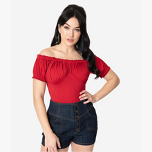 Load image into Gallery viewer, Red Bernadette Peasant Top