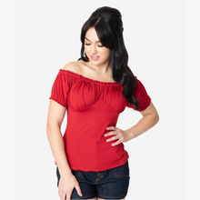 Load image into Gallery viewer, Red Bernadette Peasant Top