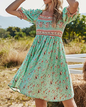 Load image into Gallery viewer, Turquoise and Peach Floral Puff Shoulder Dress