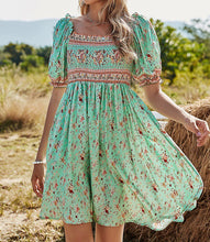 Load image into Gallery viewer, Turquoise and Peach Floral Puff Shoulder Dress