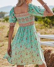 Load image into Gallery viewer, Turquoise and Peach Floral Puff Shoulder Dress