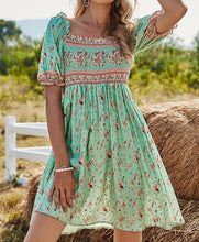 Load image into Gallery viewer, Turquoise and Peach Floral Puff Shoulder Dress