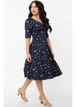 Load image into Gallery viewer, Navy and Gold Moon and Star Print Delores Swing Dress