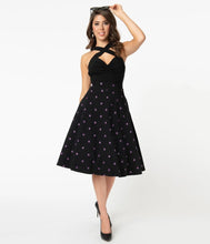 Load image into Gallery viewer, Black and Purple Polka Dot Vivien Swing Skirt- LAST ONE