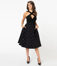 Load image into Gallery viewer, Black and Purple Polka Dot Vivien Swing Skirt- LAST ONE