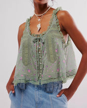 Load image into Gallery viewer, Green and Pink Floral Lace Patchwork Sheer Camisole Crop Top
