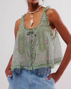 Green and Pink Floral Lace Patchwork Sheer Camisole Crop Top