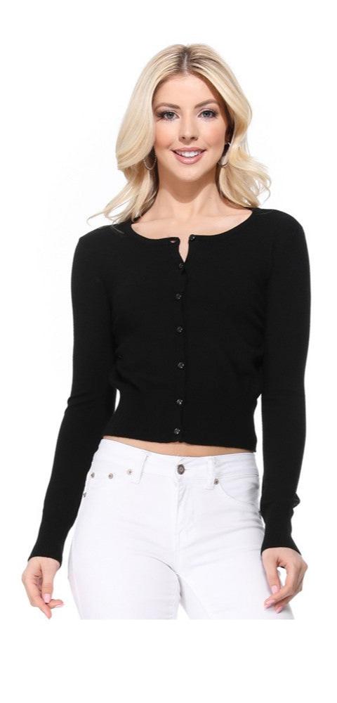 Black Gem Button Crew Neck Long Sleeve Cardigan