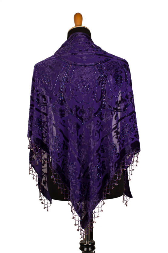 Calliope Purple Velvet Floral Burnout Beaded Medallion Triangle Shawl