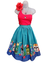 Load image into Gallery viewer, Teal Tiki Monsters Gellar Swing Skirt
