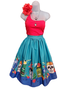 Teal Tiki Monsters Gellar Swing Skirt