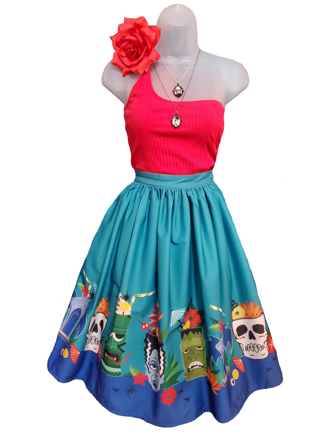 Teal Tiki Monsters Gellar Swing Skirt