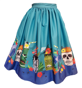 Teal Tiki Monsters Gellar Swing Skirt