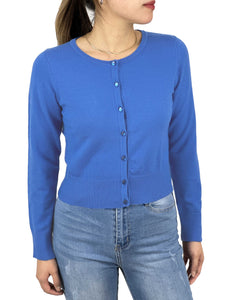 Royal Blue Gem Button Crew Neck Long Sleeve Cardigan