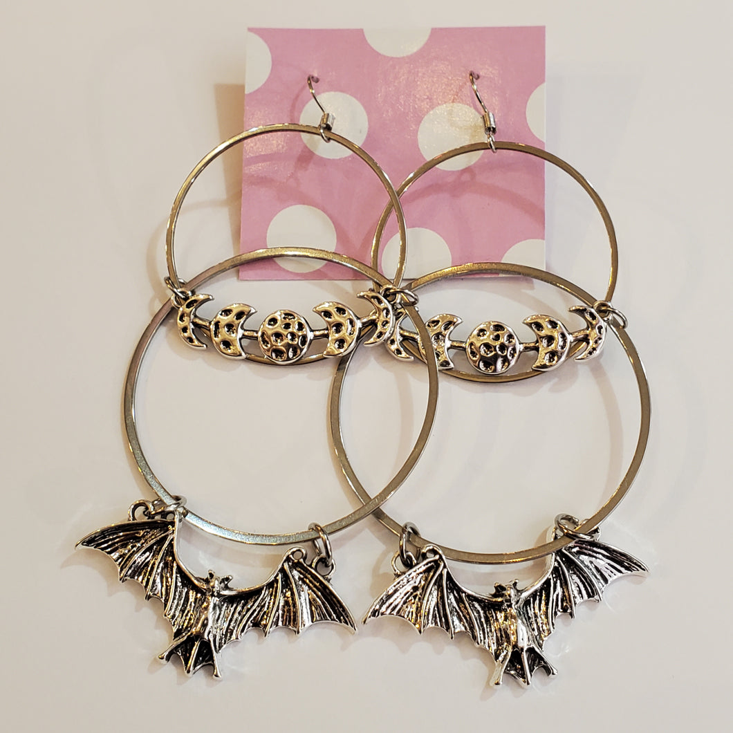 Moon Phase Bat Hoop Statement Earrings