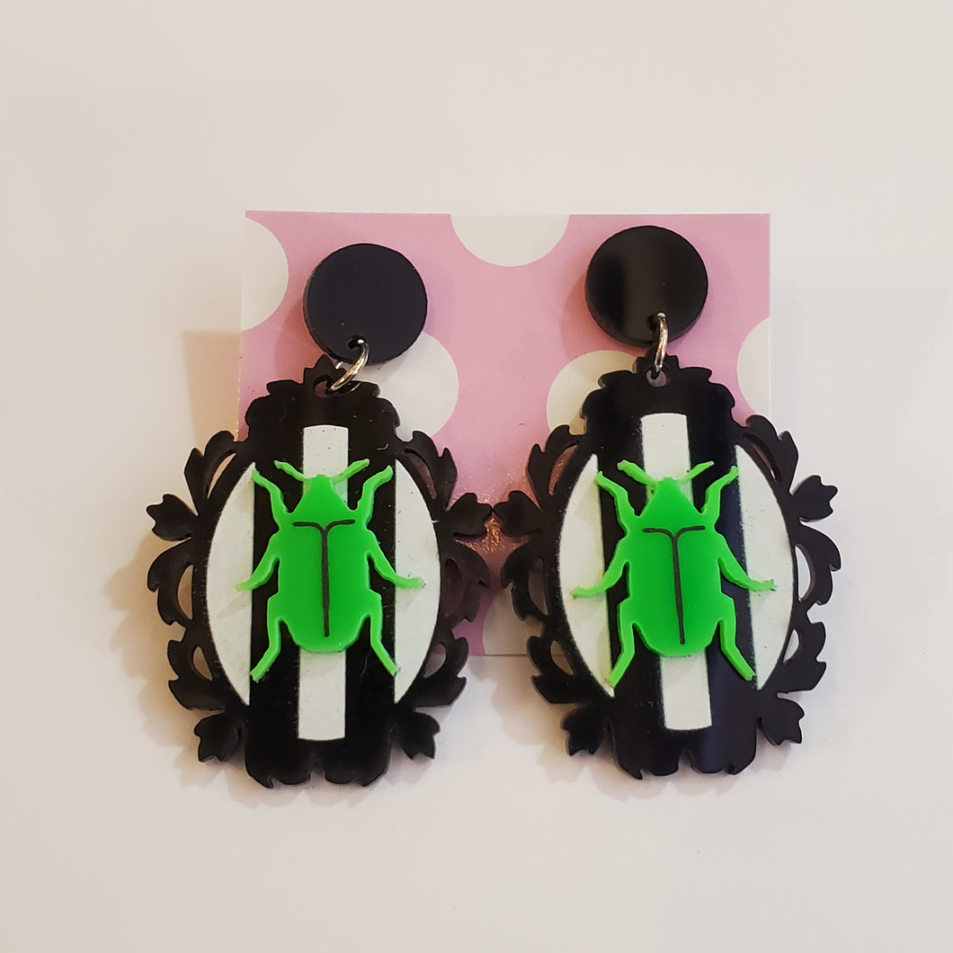 Green Beetle In Striped Frame Acrylic Statement Earrings